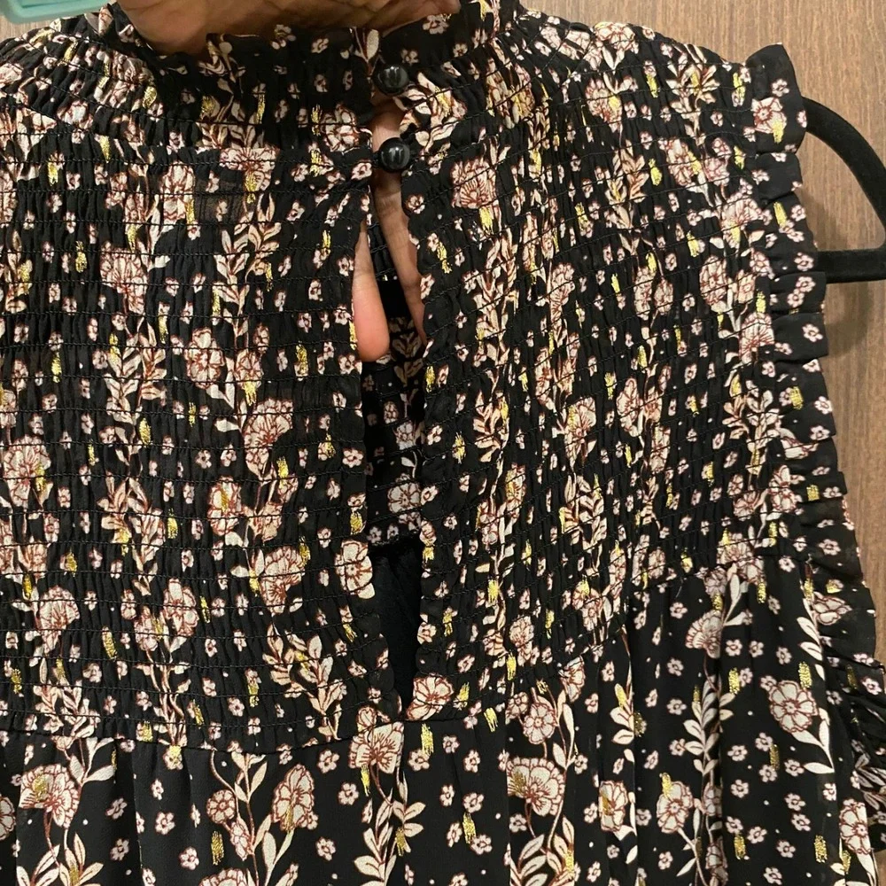 MAURICES Metallic Floral Smocked Neck Shift Dress Size 2X Black Boho Cottagecore